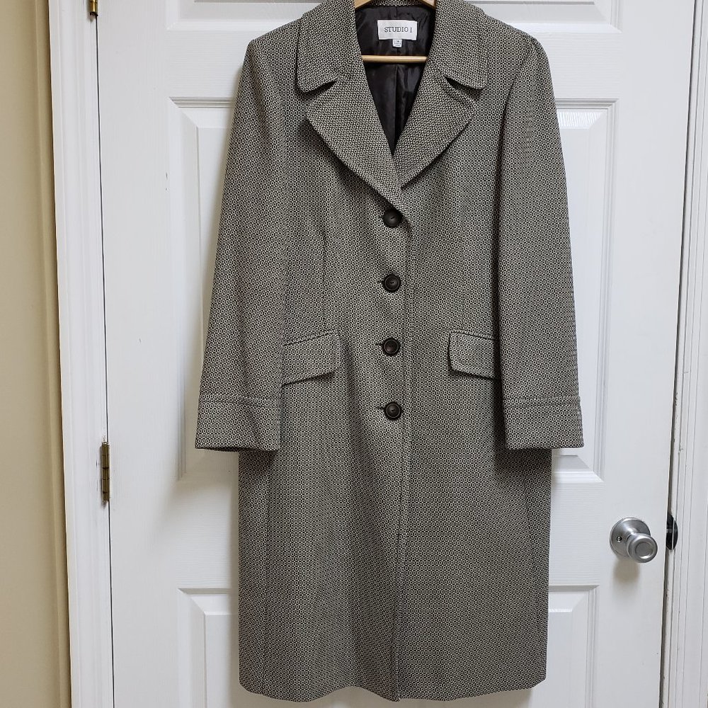 Studio 1 Women's 14 Brown Cream Geometric Lined 4 Button Front Long Over Coat